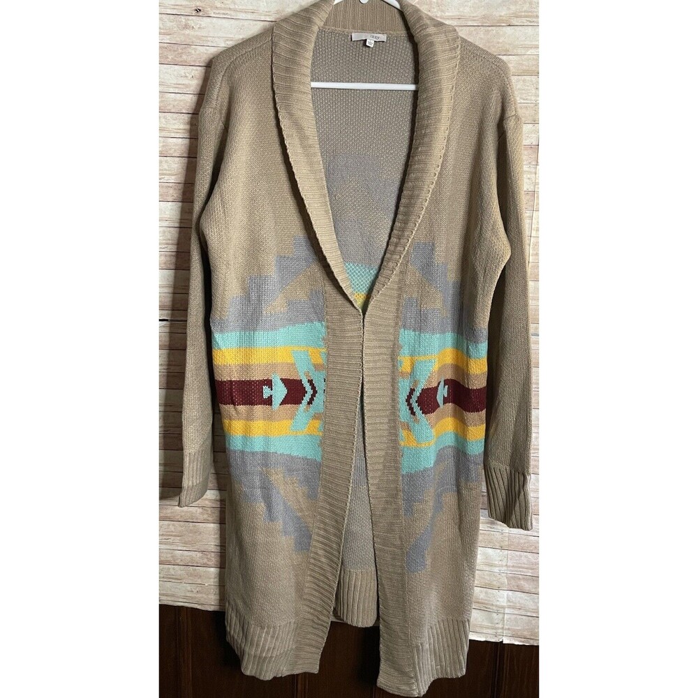 Izzy Aztec Tribal Print Boho Western Long Cardigan Sweater Size Lg. -Tan